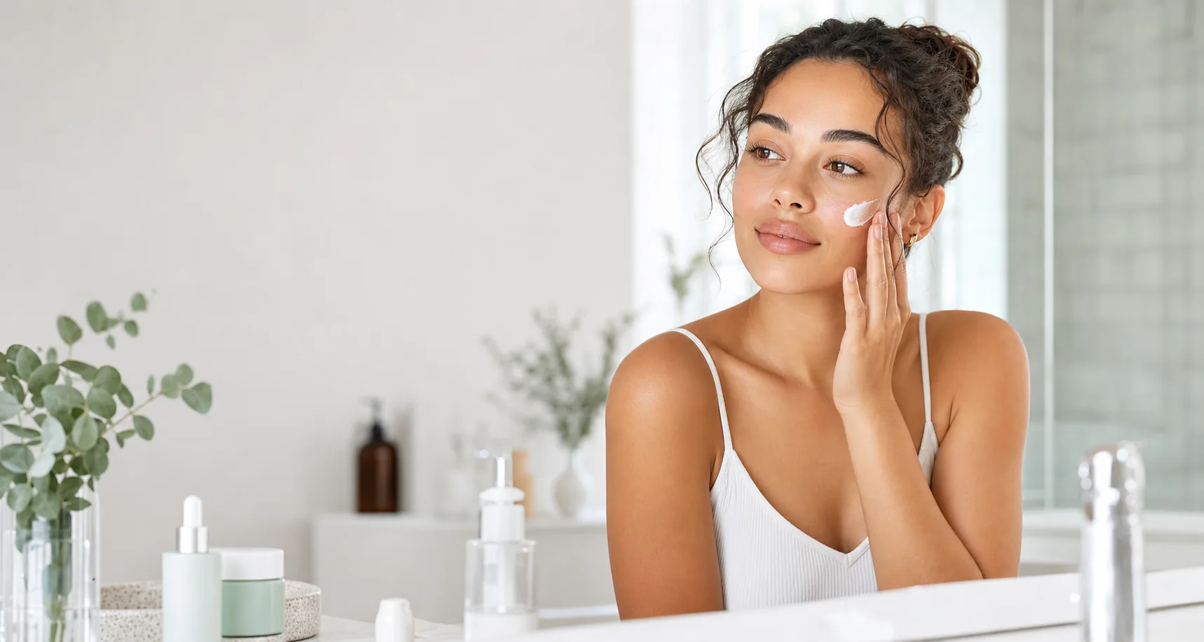 Professional skincare routine with serum and moisturizer in a clean beauty studio