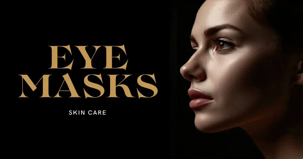 Skincare products arranged with eye masks and greenery.