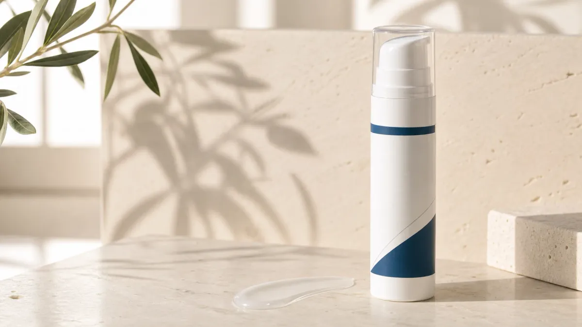 Unbranded white sunscreen pump with deep blue accents on an ivory stone vanity in soft morning light