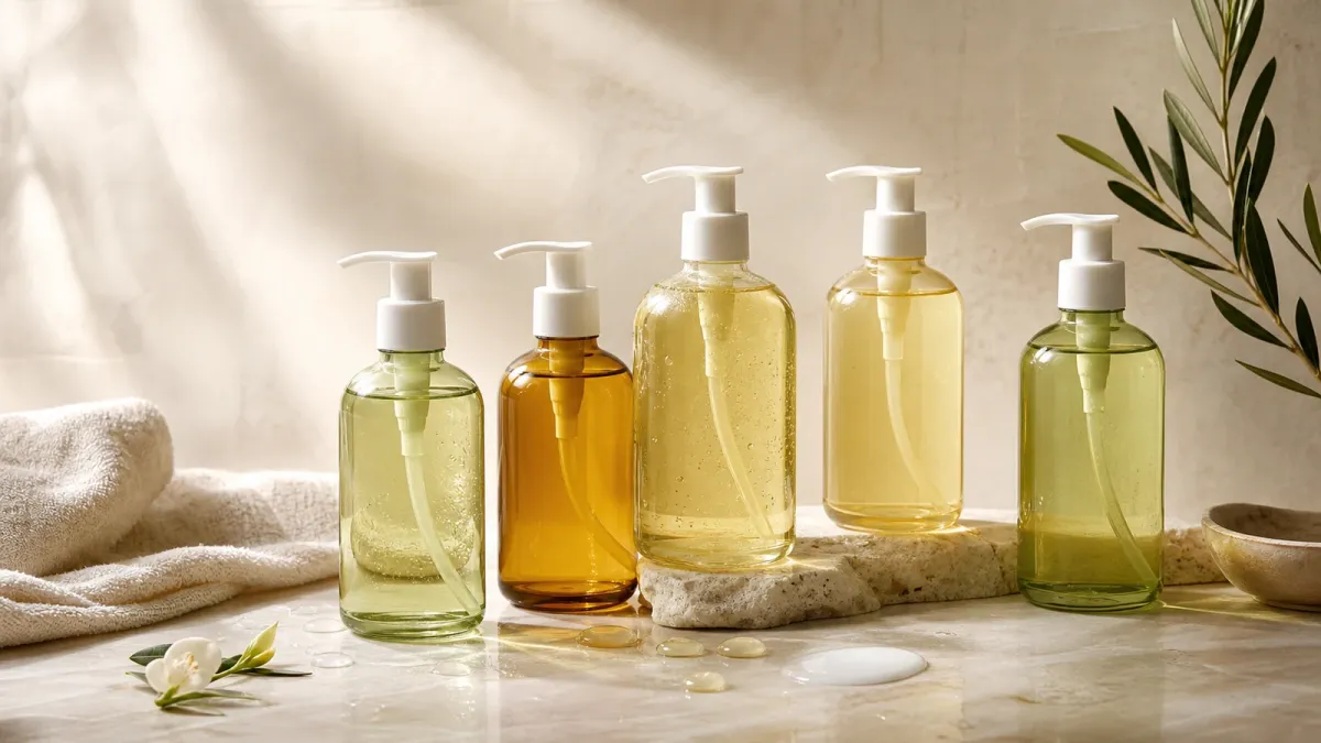 Five unbranded cleansing oil pump bottles on warm stone with water and milky emulsified drops