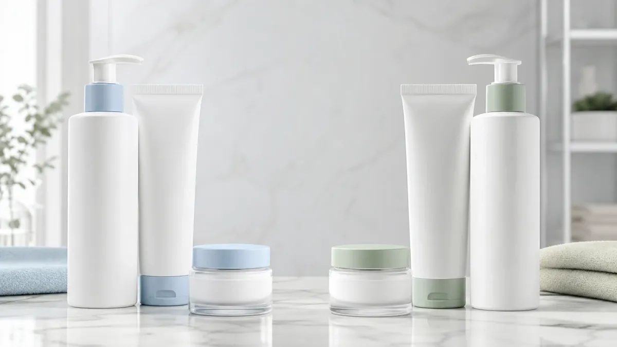 Two balanced groups of blue and green dermatologist-style skincare packaging