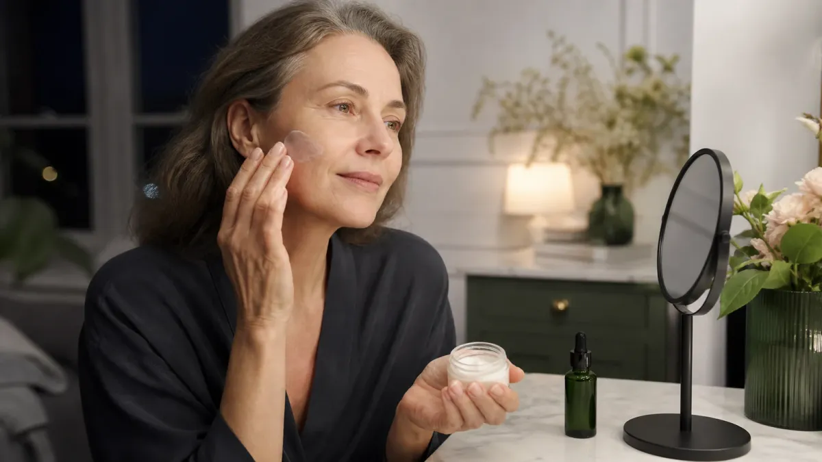 Mature woman applying moisturizer at night beside an unbranded skincare serum