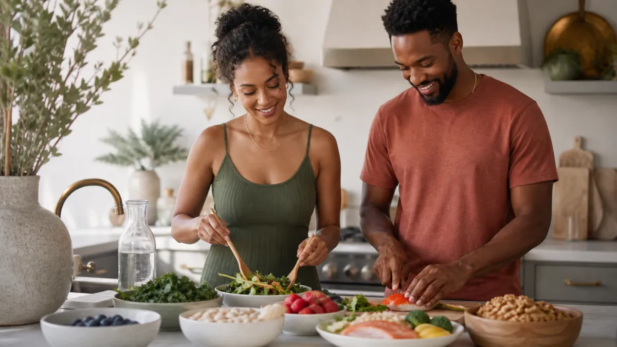 Adults with melanin-rich skin preparing a balanced meal