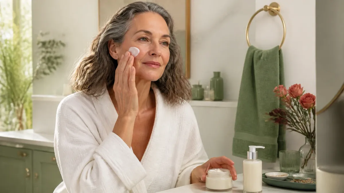 Mature woman with natural skin applying moisturizer in morning light
