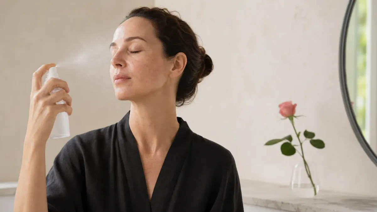 Woman using an unbranded rosewater facial mist beside a single rose