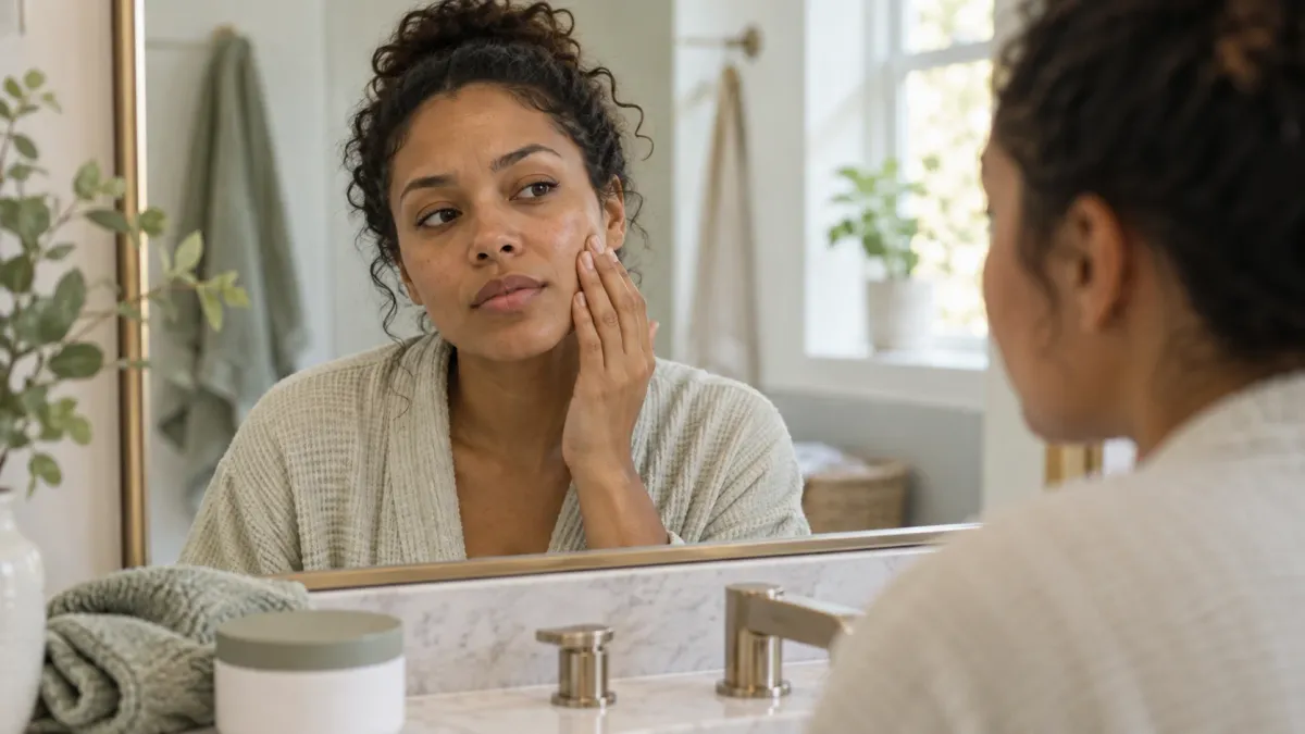 Adult checking how her cheek feels in a mirror before changing her skincare routine