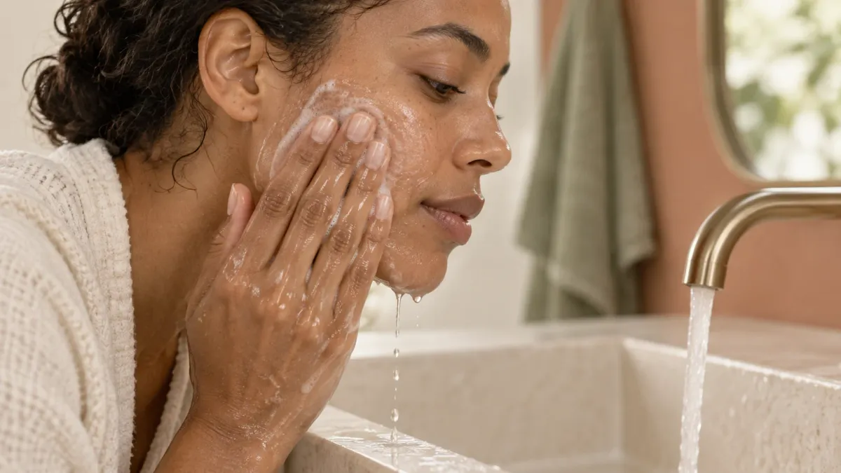 Adult gently cleansing a cheek with fingertips at a sink