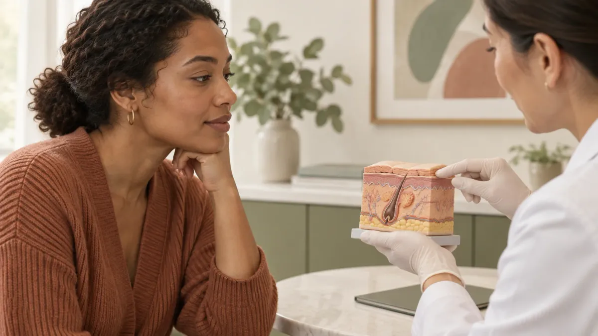Illustration of an adult discussing a skin-layer model during a chemical peel consultation