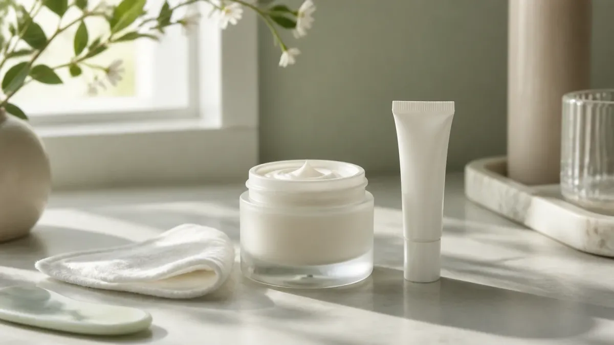 Unbranded face moisturizer jar and eye cream tube on a softly lit vanity