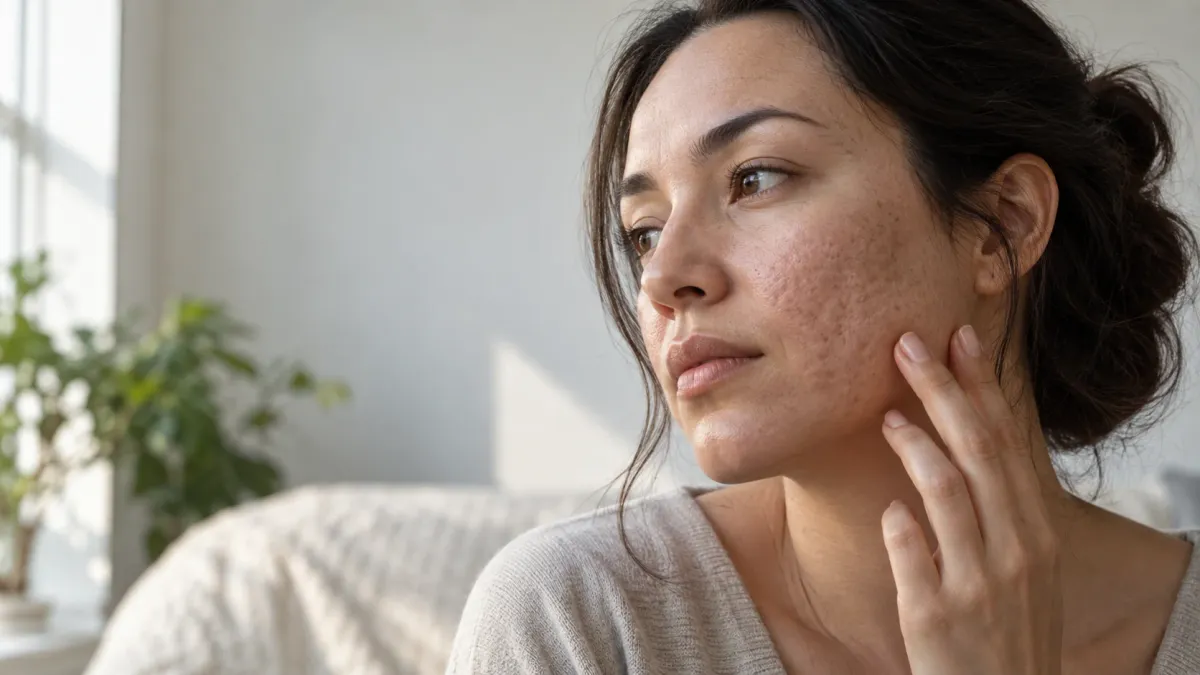 Adult with natural atrophic acne scars examining cheek texture in soft window light