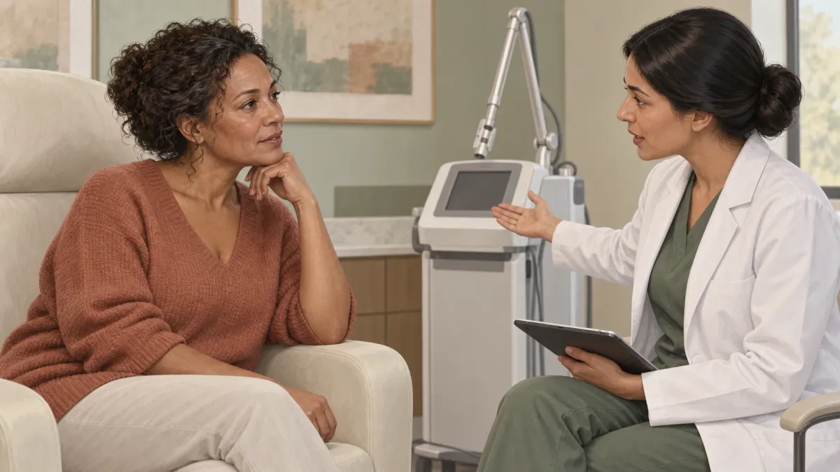 Adult discussing skin concerns with a clinician beside inactive laser equipment