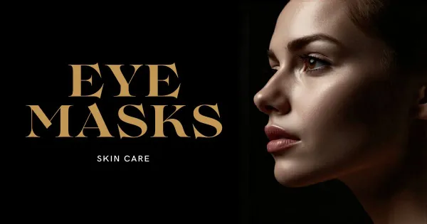 Skincare products arranged with eye masks and greenery.