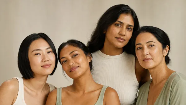 Four adults of varied Asian heritages and natural skin tones in a softly lit editorial portrait