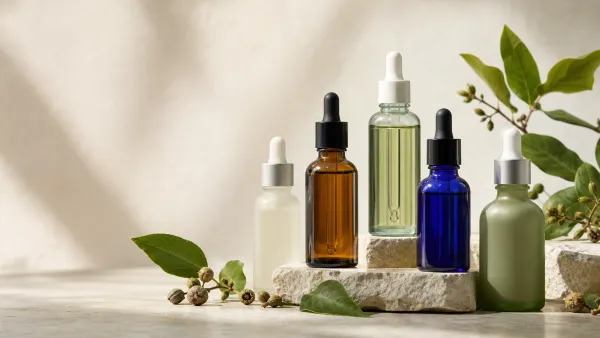 Five elegant bakuchiol serum bottles arranged on pale stone with botanical leaves