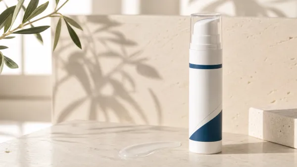 Unbranded white sunscreen pump with deep blue accents on an ivory stone vanity in soft morning light