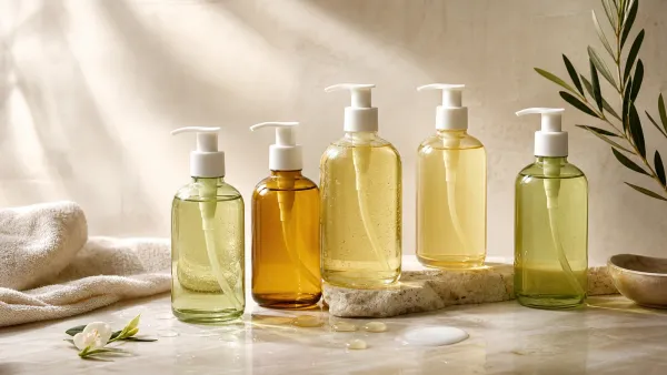 Five unbranded cleansing oil pump bottles on warm stone with water and milky emulsified drops