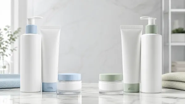 Two balanced groups of blue and green dermatologist-style skincare packaging