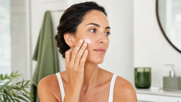 Woman with natural dry skin applying unbranded moisturizer