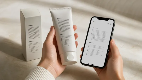 Hands comparing an unbranded skincare package with information on a phone