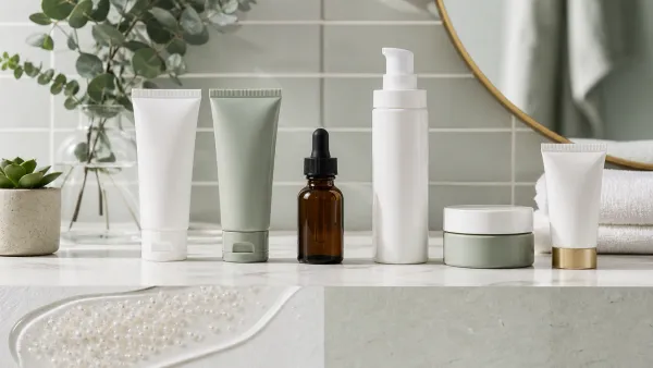 Unbranded gentle acne routine products beside a closed-comedone texture reference
