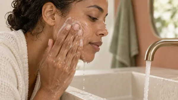 Adult gently cleansing a cheek with fingertips at a sink