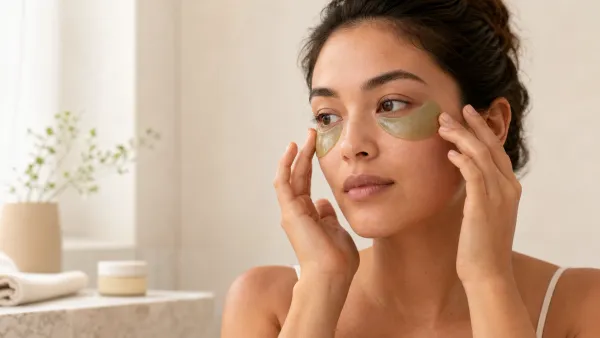 Woman applying translucent hydrogel under-eye patches in a calm morning skincare routine