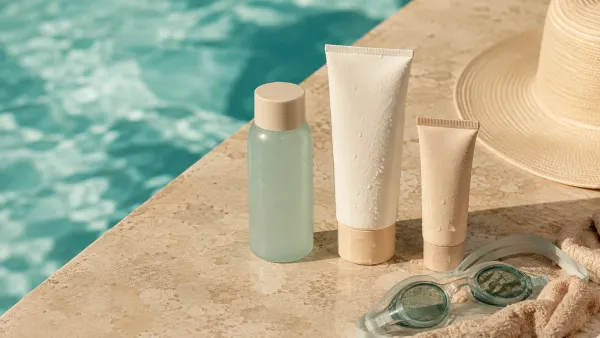Three unbranded water-resistant sunscreen containers beside a pool, towel, sun hat and swim goggles