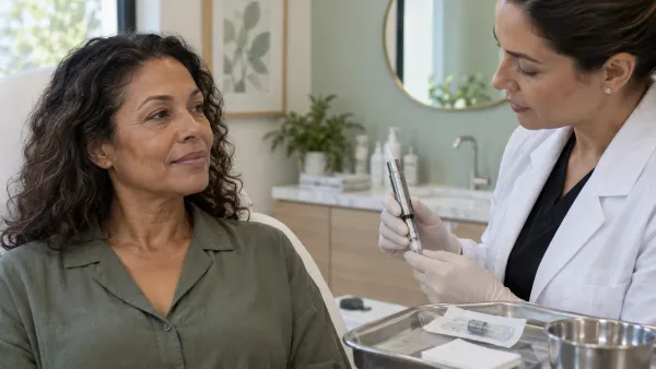 Adult with natural fine lines consulting a clinician holding a capped microneedling pen