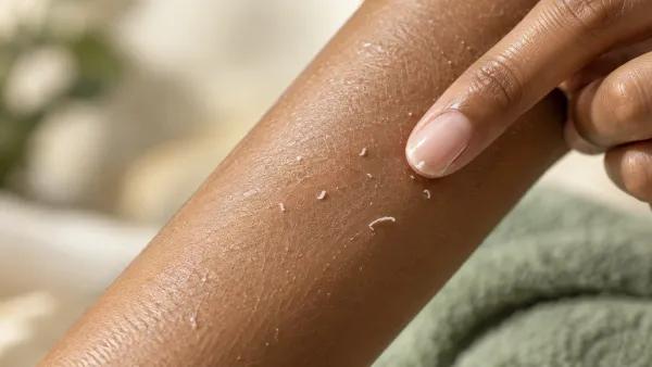 Small rolled cosmetic residue on a healthy adult forearm beside a fingertip